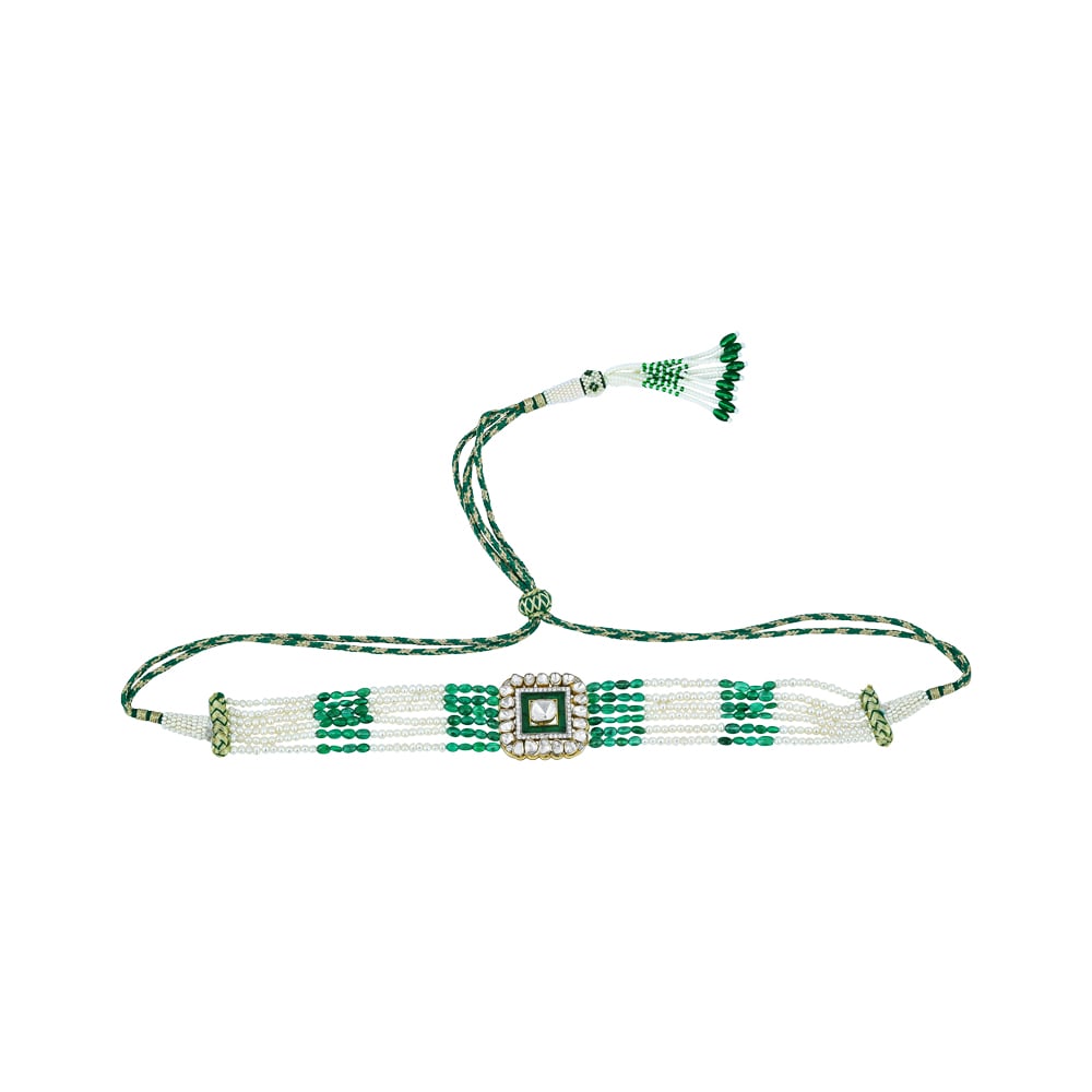 Polki Choker with Green Talaf, Emerald and Pearl Strands